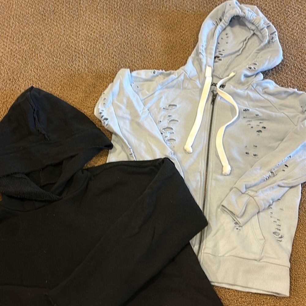 Katie J NYC (2) Girls Distressed Hooded Sweatshirts - Black & Light Blue- Size M